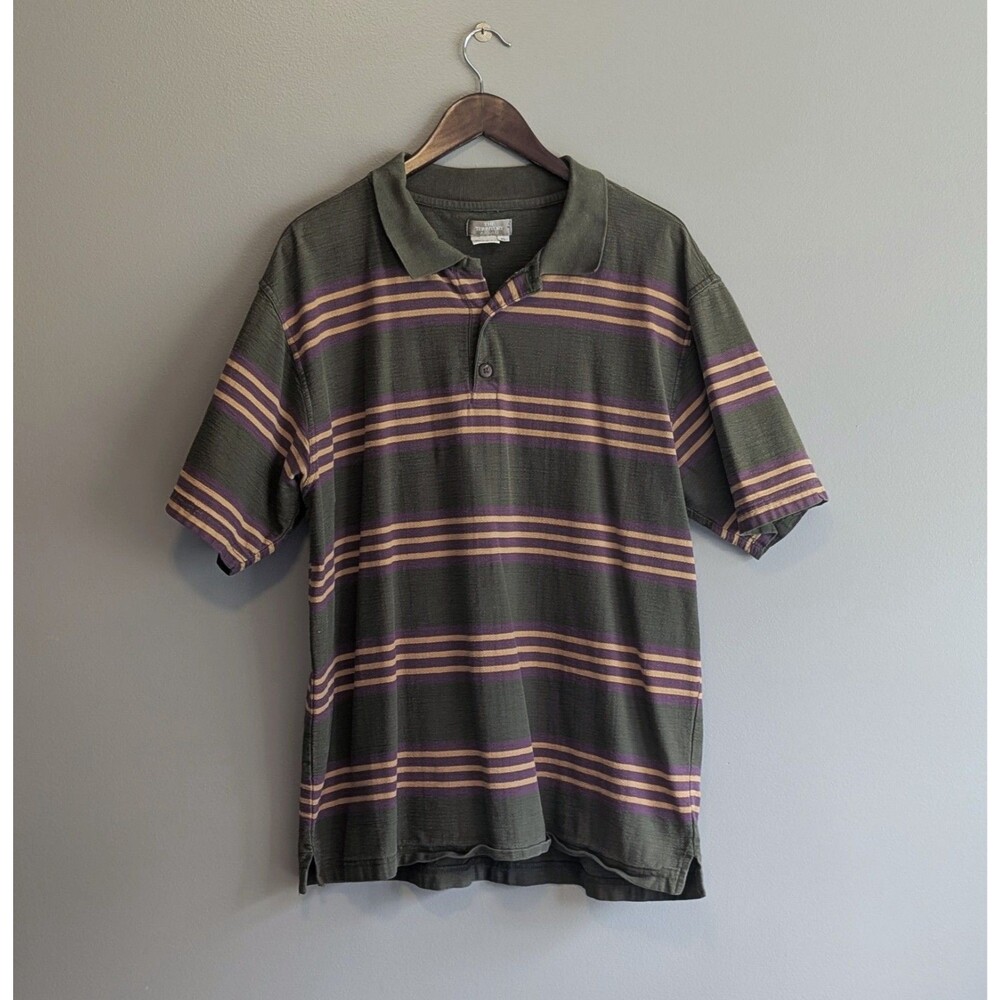 Vintage The Territory Ahead Shirt Mens XL Green Purple Stripe Textured Slub Polo